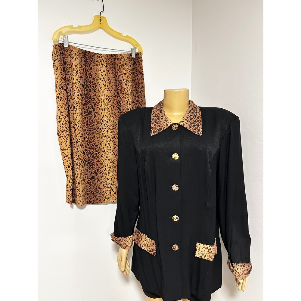 Vintage 90s Leopard Print 2 Piece Skirt Suit Set Black Rayon Blazer Midi Skirt
